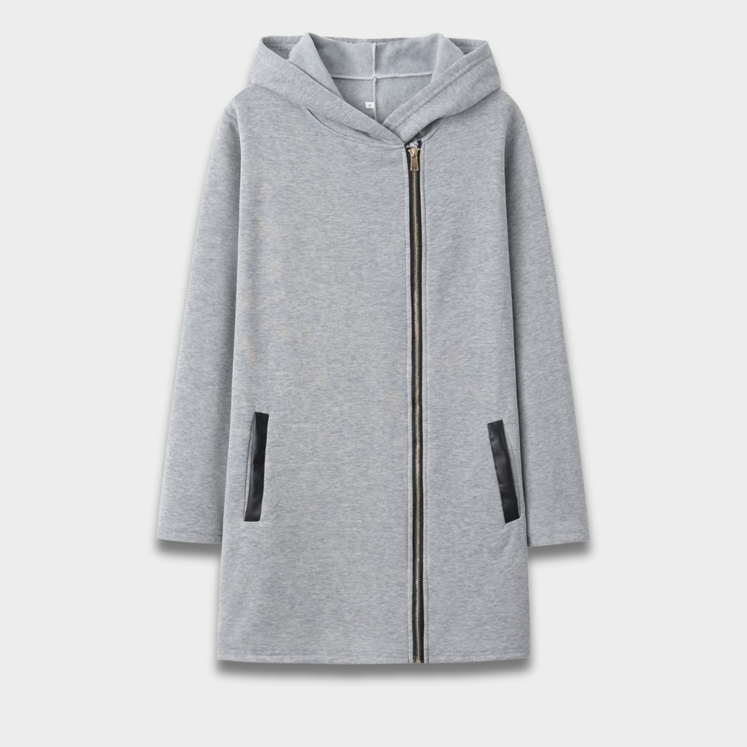 Damski płaszcz z kapturem zapinany na zamek o długości do połowy uda ModaBoutique