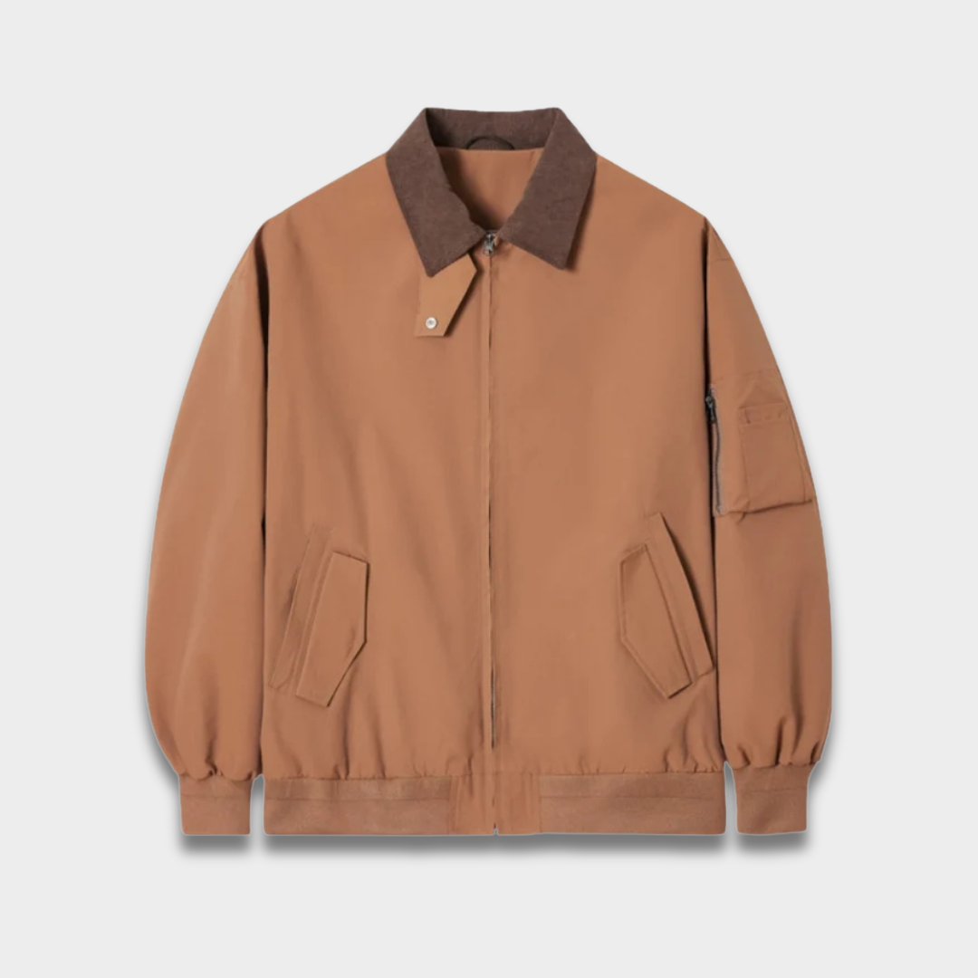 Męska Casualowa Kurtka Bomber z Kontrastowym Kołnierzem i Zamkiem Z przodu