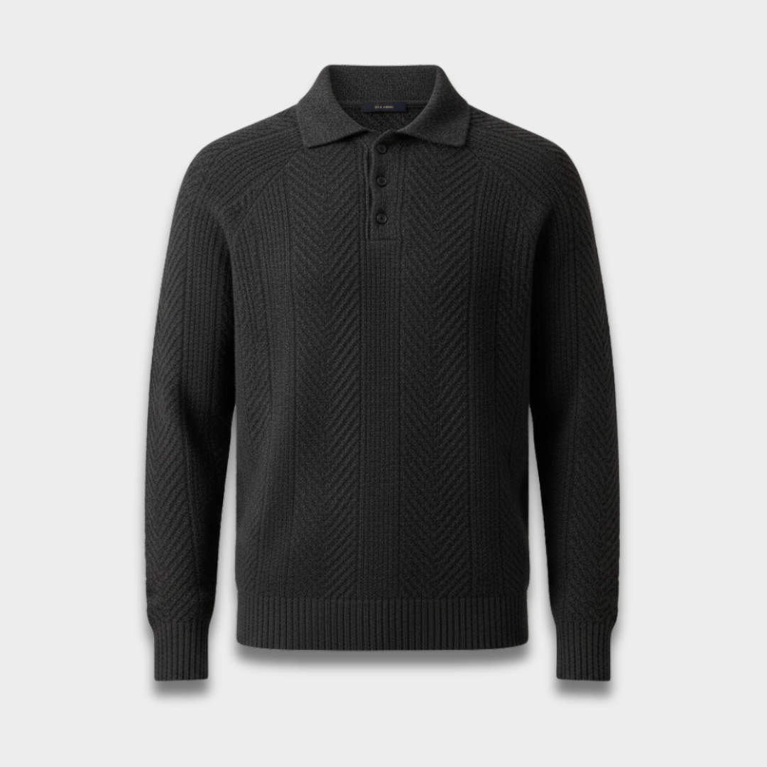 Męski Dziany Sweter Polo z Długim Rękawem i Teksturowanym Wzorem ModaBoutique