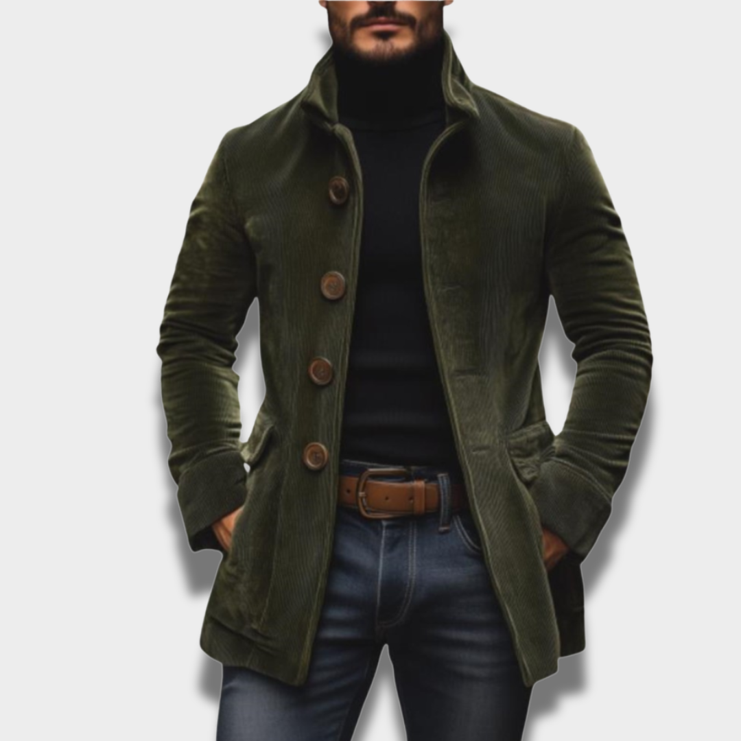 Męski casualowy płaszcz zapinany na guziki o uporządkowanym kroju