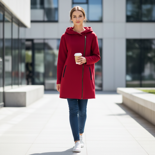 Damski płaszcz z kapturem zapinany na zamek o długości do połowy uda ModaBoutique