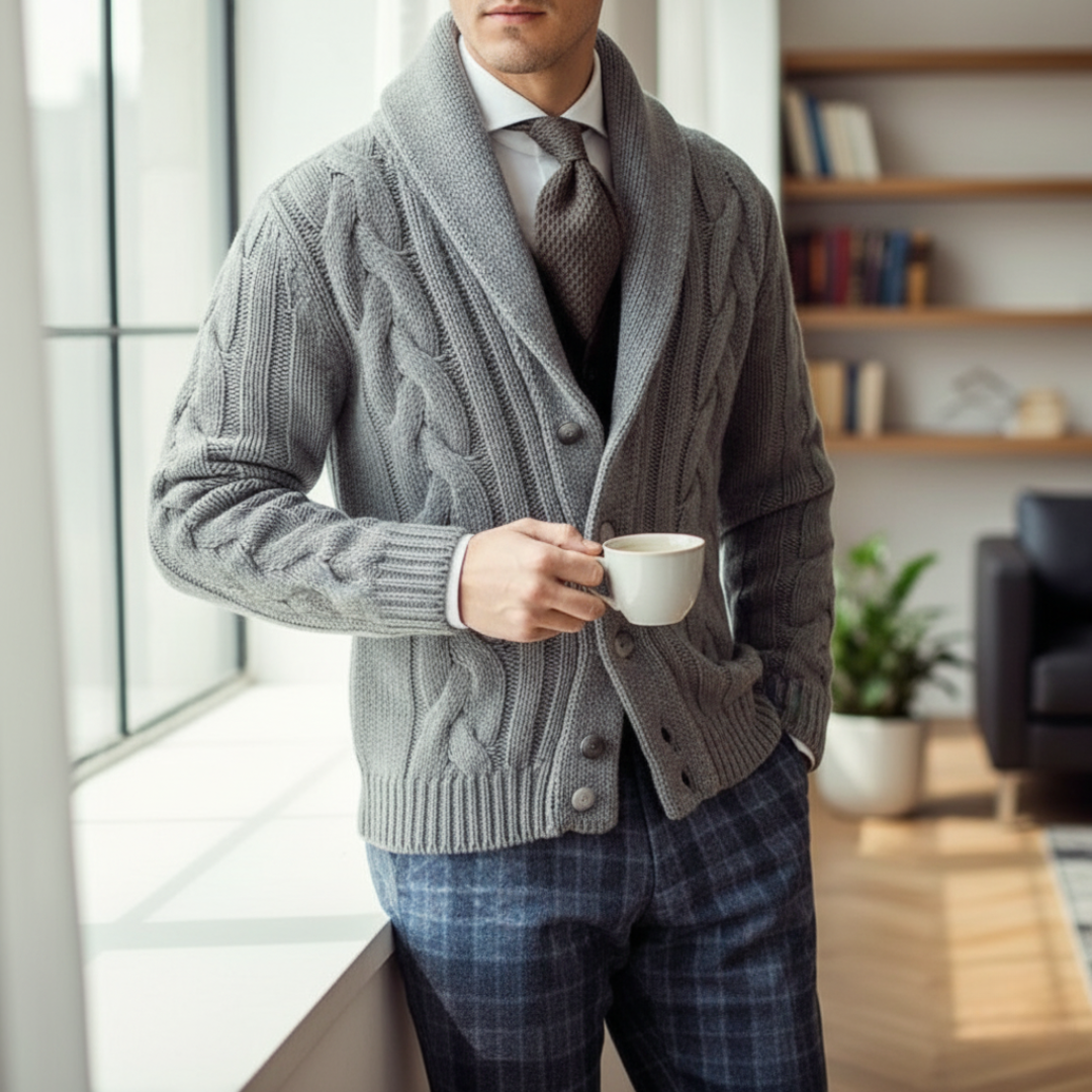 Męski Kardigan z Warkoczowym Splotem i Kołnierzem Szalowym ModaBoutique