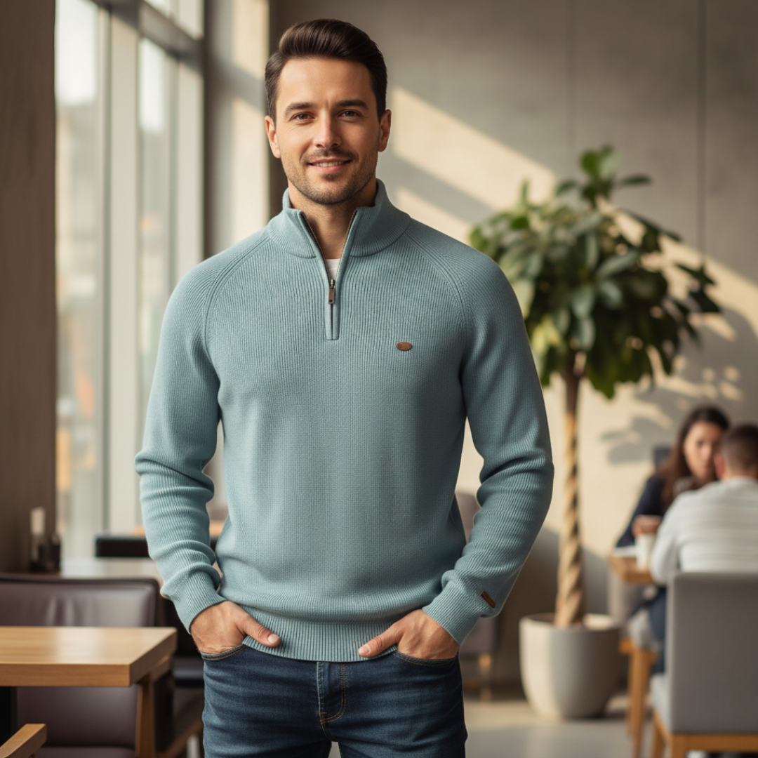 Męski sweter półgolf zapinany na zamek z miękkiej dzianiny
