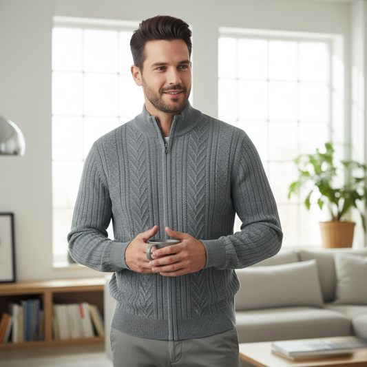 Męski Sweter Dziany z Półzamkiem i Żebrowanym Wzorem ModaBoutique