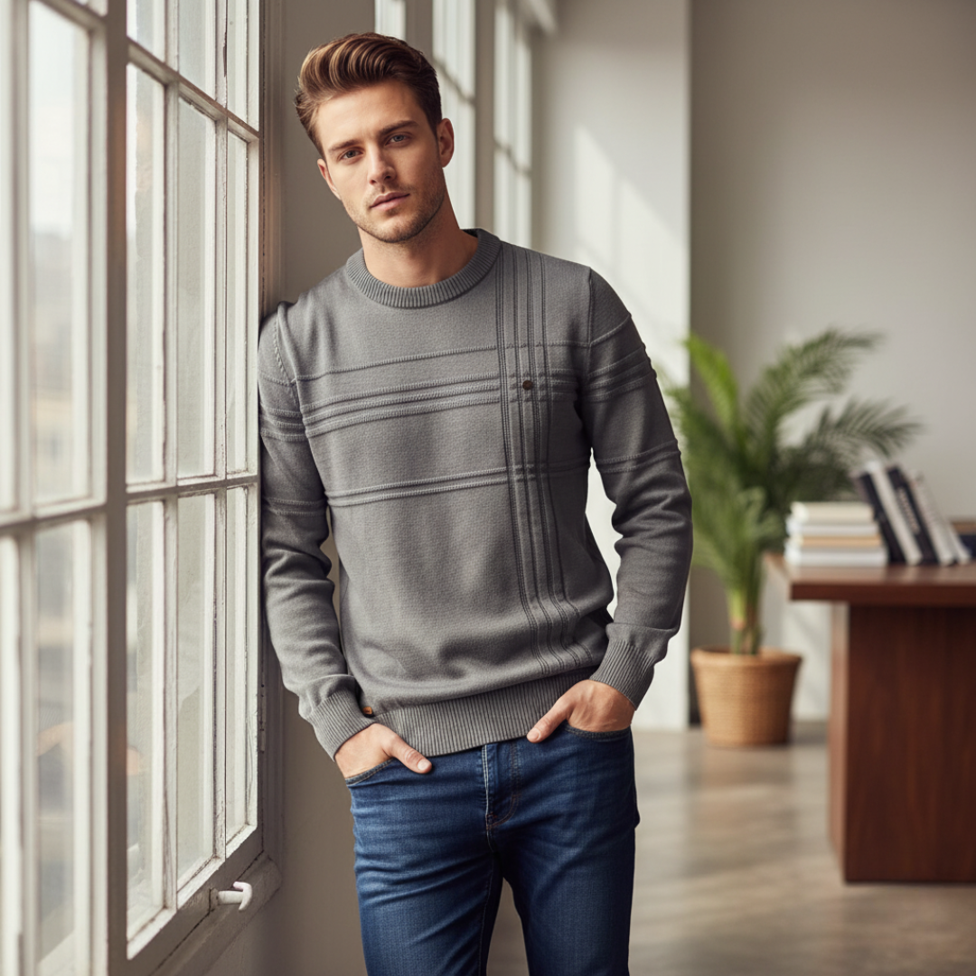 Męski sweter z miękkiej dzianiny z okrągłym dekoltem