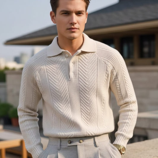 Męski Dziany Sweter Polo z Długim Rękawem i Teksturowanym Wzorem ModaBoutique