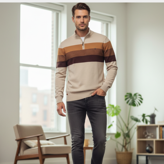 Sweter męski w paski zapinany na zamek z dzianiny