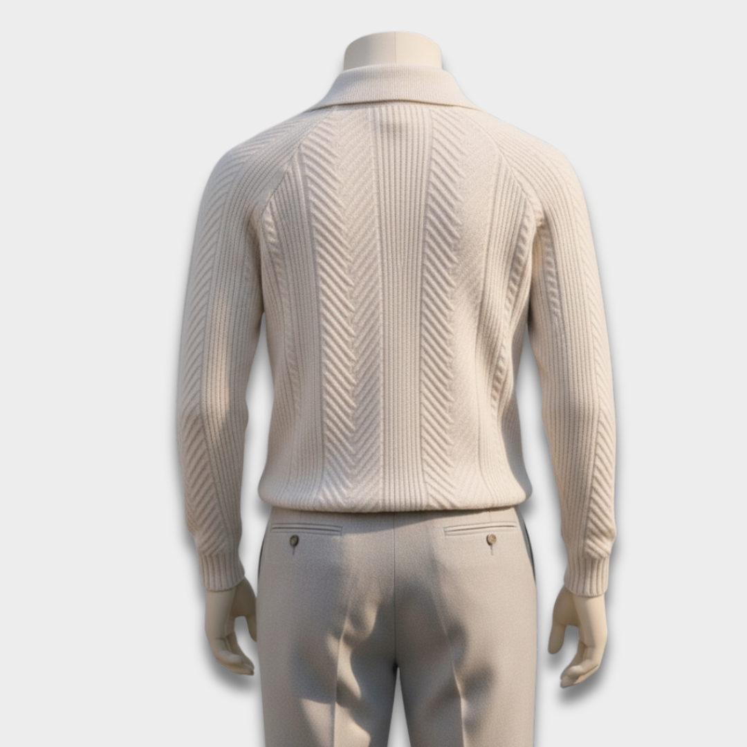 Męski Dziany Sweter Polo z Długim Rękawem i Teksturowanym Wzorem ModaBoutique