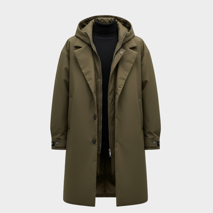 Męski długi płaszcz z kapturem o uporządkowanym kroju
