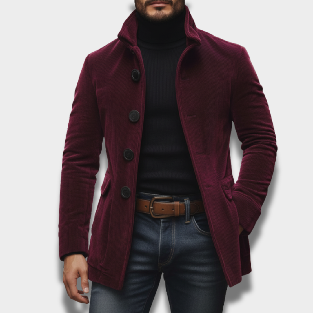 Męski casualowy płaszcz zapinany na guziki o uporządkowanym kroju