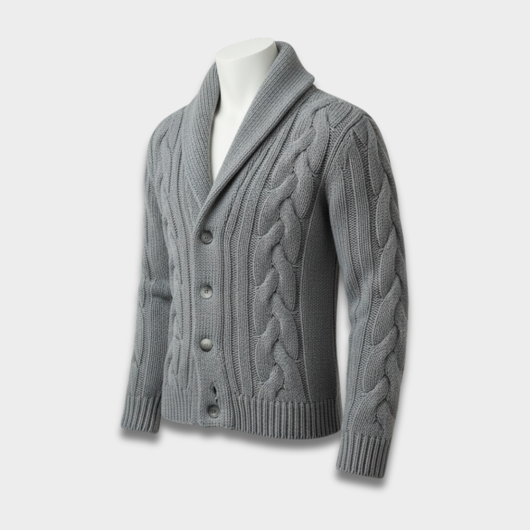 Męski Kardigan z Warkoczowym Splotem i Kołnierzem Szalowym ModaBoutique