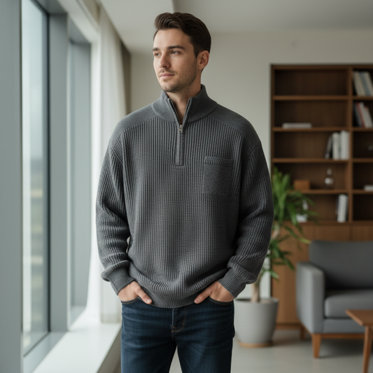 Męski sweter zapinany na zamek w prążkowaną dzianinę Modaboutique