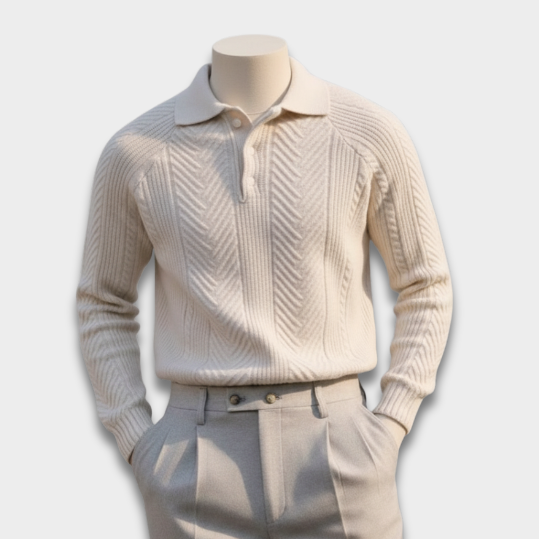 Męski Dziany Sweter Polo z Długim Rękawem i Teksturowanym Wzorem ModaBoutique