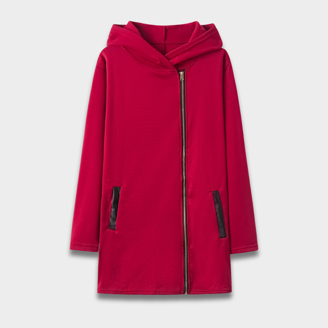 Damski płaszcz z kapturem zapinany na zamek o długości do połowy uda ModaBoutique