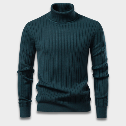Męski prążkowany sweter z golfem z długim rękawem i dopasowanym krojem