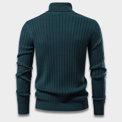 Męski prążkowany sweter z golfem z długim rękawem i dopasowanym krojem