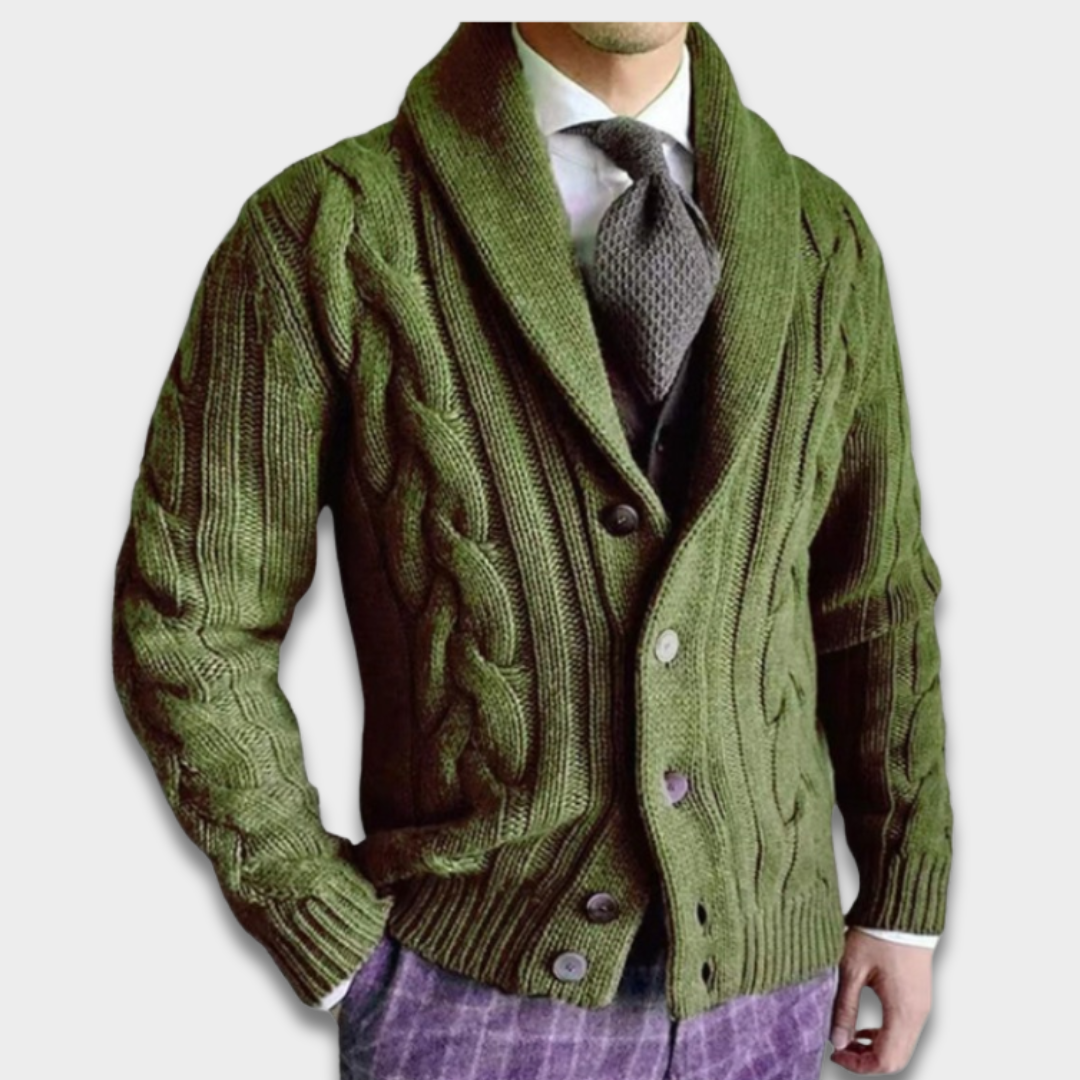 Męski Kardigan z Warkoczowym Splotem i Kołnierzem Szalowym ModaBoutique