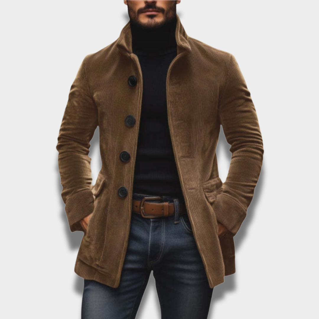 Męski casualowy płaszcz zapinany na guziki o uporządkowanym kroju