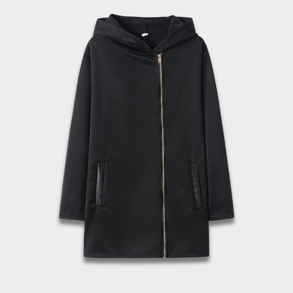 Damski płaszcz z kapturem zapinany na zamek o długości do połowy uda ModaBoutique