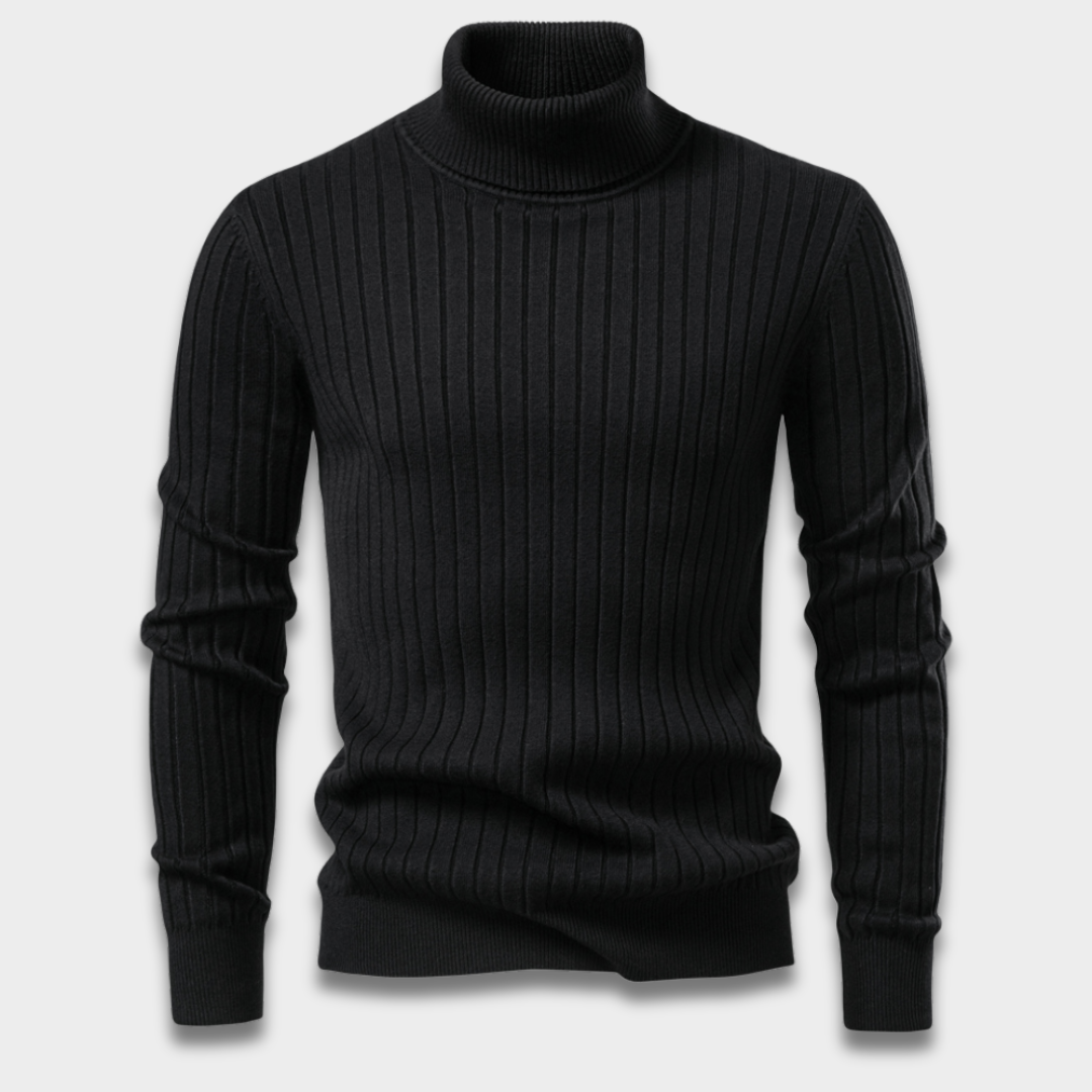 Męski prążkowany sweter z golfem z długim rękawem i dopasowanym krojem