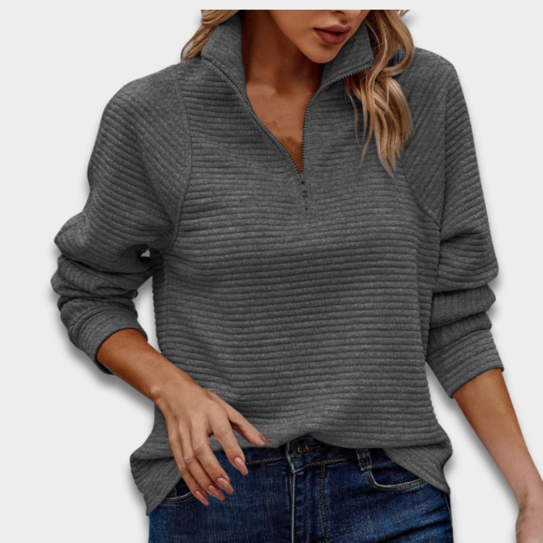 Damski prążkowany sweter typu quarter-zip ModaBoutique