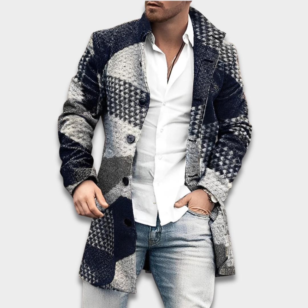 Męski casualowy długi płaszcz zapinany na guziki o uporządkowanym kroju