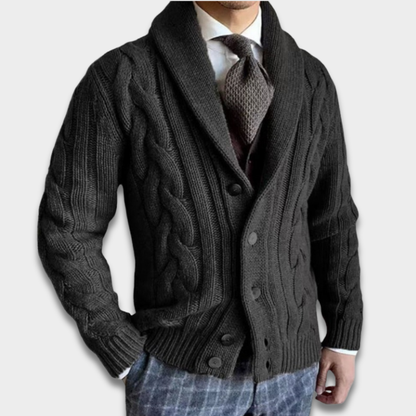Męski Kardigan z Warkoczowym Splotem i Kołnierzem Szalowym ModaBoutique