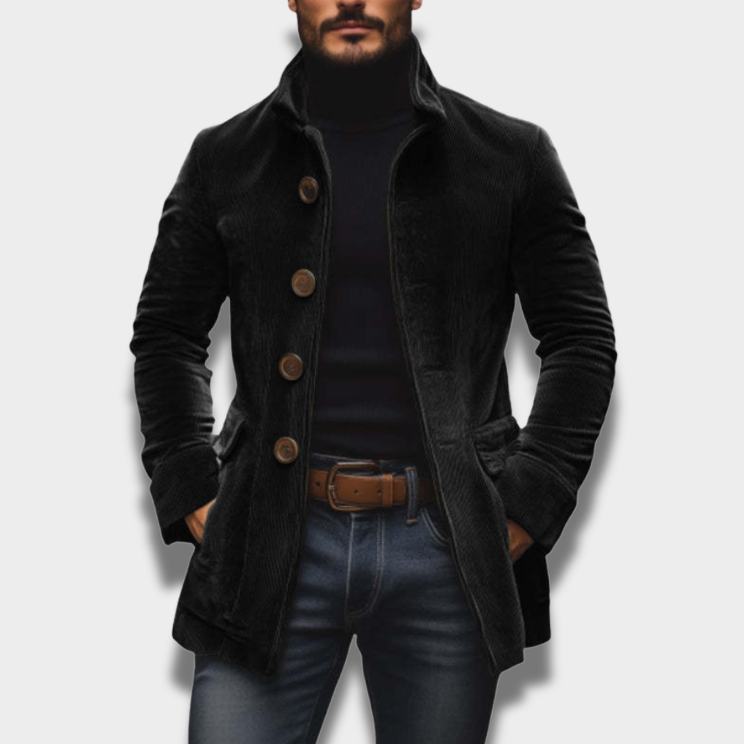 Męski casualowy płaszcz zapinany na guziki o uporządkowanym kroju