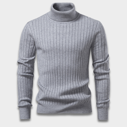 Męski prążkowany sweter z golfem z długim rękawem i dopasowanym krojem