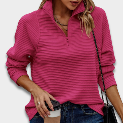 Damski prążkowany sweter typu quarter-zip ModaBoutique