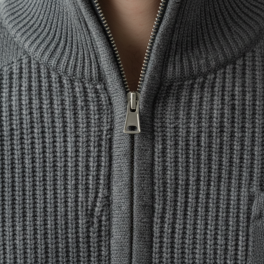 Męski sweter zapinany na zamek w prążkowaną dzianinę Modaboutique