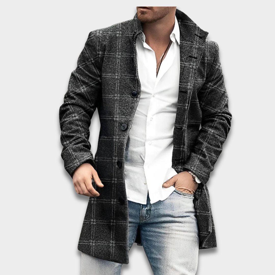 Męski casualowy długi płaszcz zapinany na guziki o uporządkowanym kroju