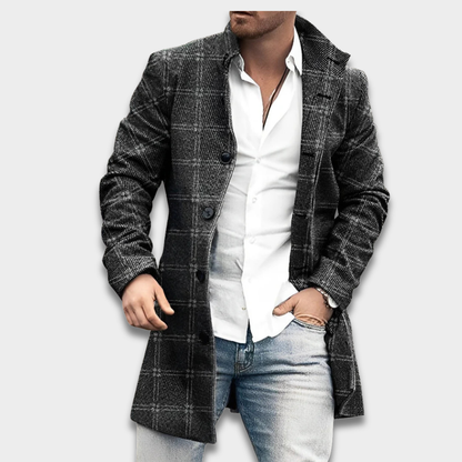 Męski casualowy długi płaszcz zapinany na guziki o uporządkowanym kroju