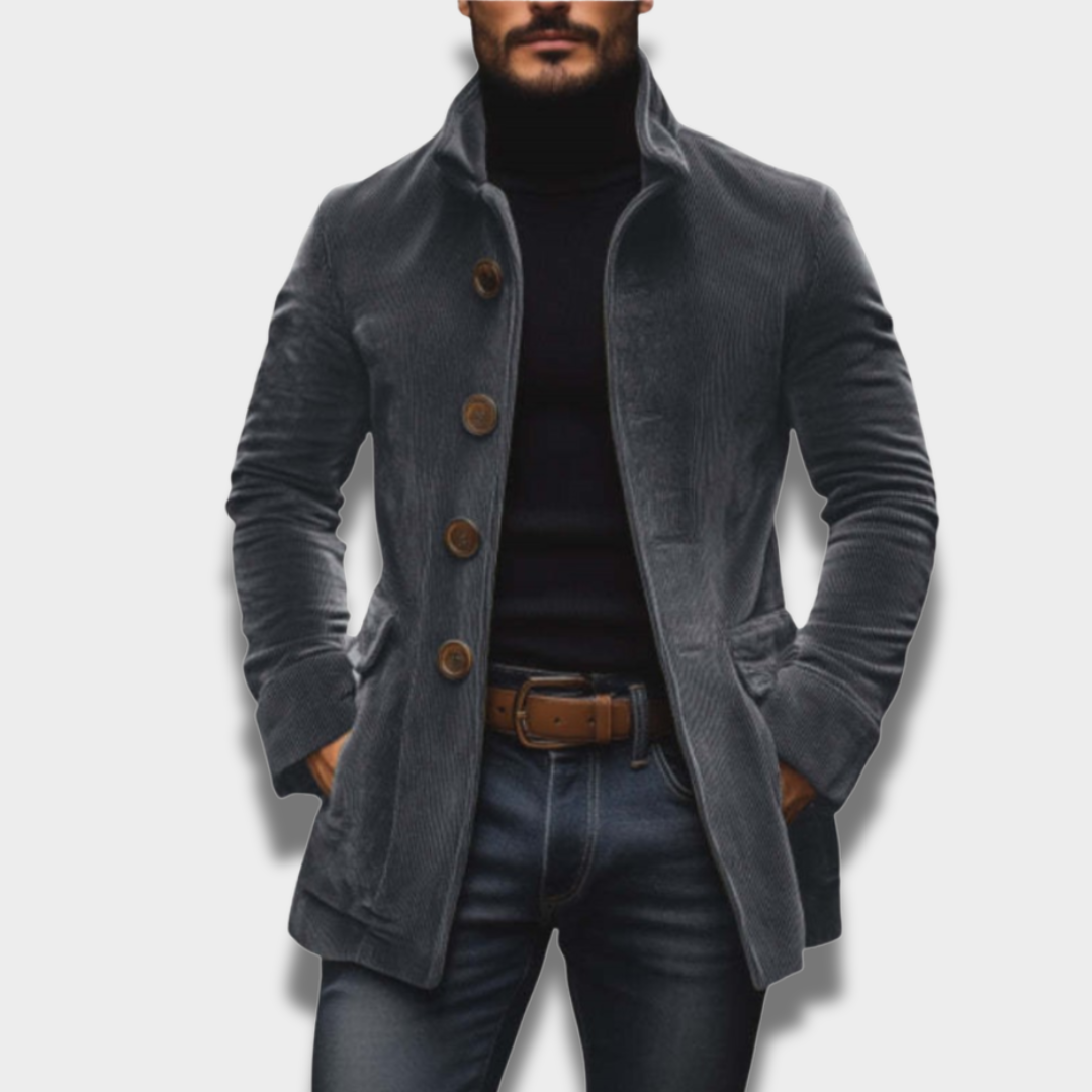 Męski casualowy płaszcz zapinany na guziki o uporządkowanym kroju