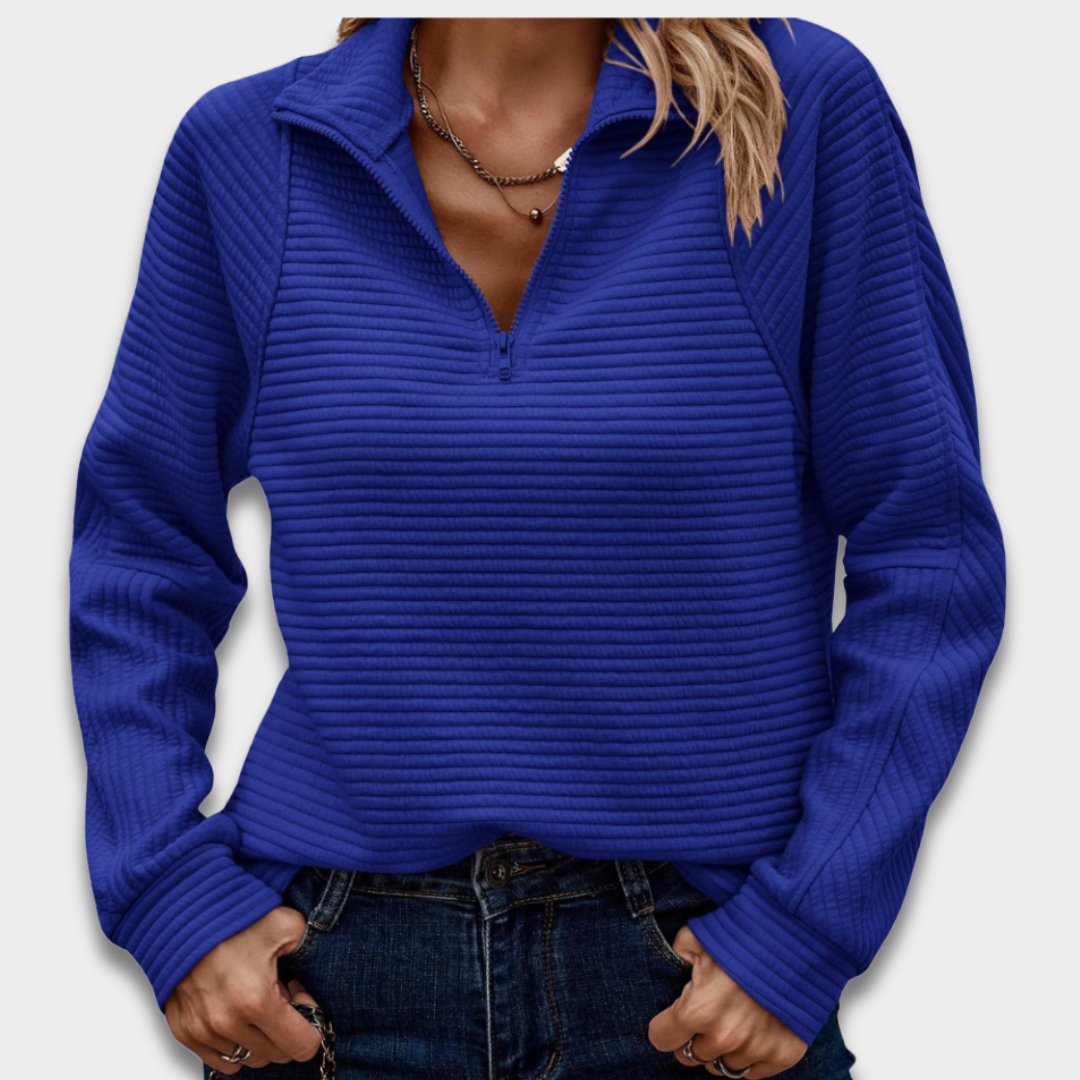 Damski prążkowany sweter typu quarter-zip ModaBoutique