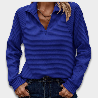 Damski prążkowany sweter typu quarter-zip ModaBoutique