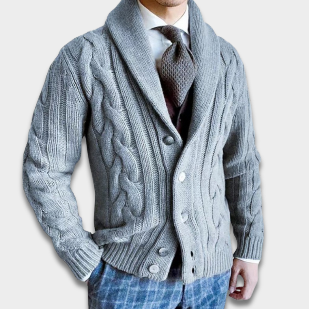 Męski Kardigan z Warkoczowym Splotem i Kołnierzem Szalowym ModaBoutique