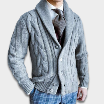 Męski Kardigan z Warkoczowym Splotem i Kołnierzem Szalowym ModaBoutique