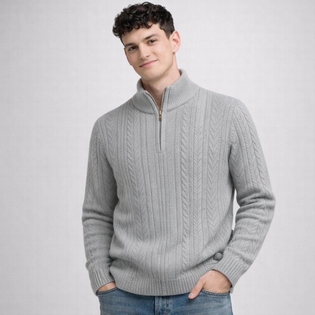 Męski Sweter Dziany z Półzamkiem i Żebrowanym Wzorem ModaBoutique