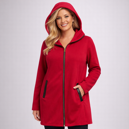 Damski płaszcz z kapturem zapinany na zamek o długości do połowy uda