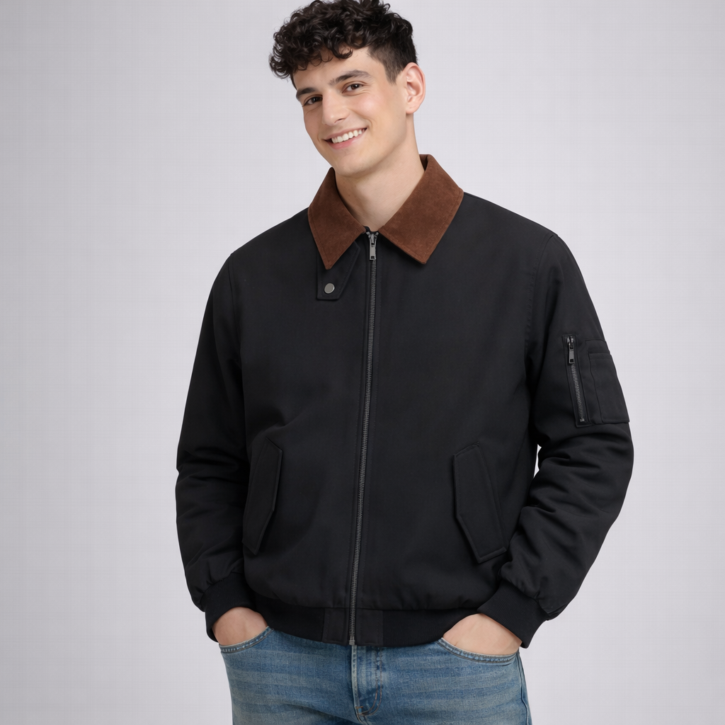 Męska Casualowa Kurtka Bomber z Kontrastowym Kołnierzem i Zamkiem Z przodu