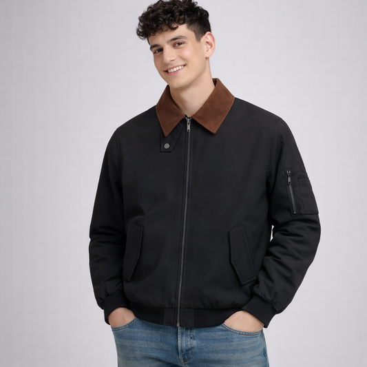Męska Casualowa Kurtka Bomber z Kontrastowym Kołnierzem i Zamkiem Z przodu