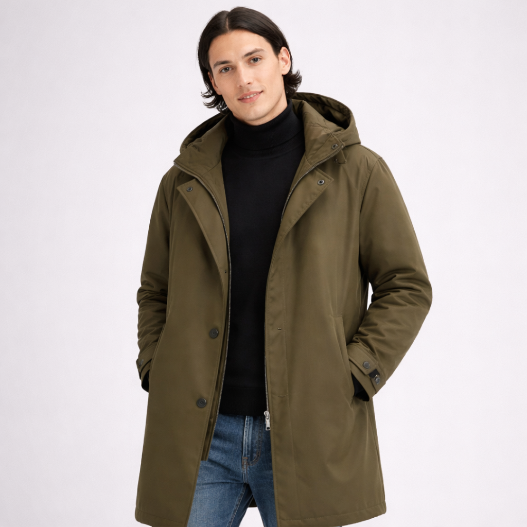 Męski długi płaszcz z kapturem o uporządkowanym kroju