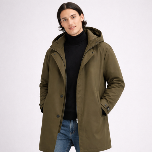 Męski długi płaszcz z kapturem o uporządkowanym kroju ModaBoutique