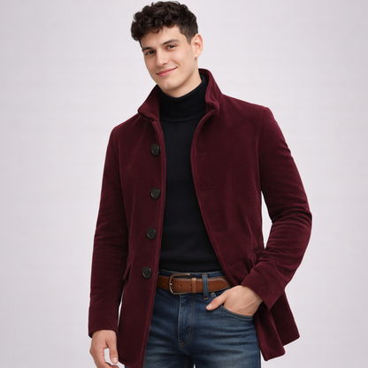 Męski casualowy płaszcz zapinany na guziki o uporządkowanym kroju